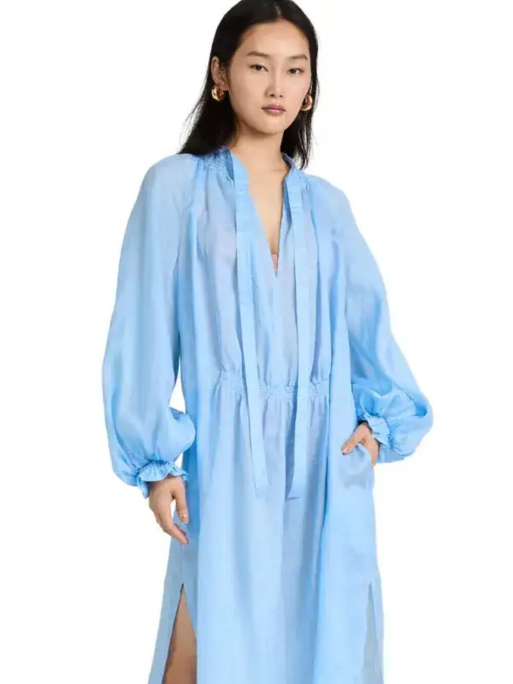 Lee Mathews Soma Maxi Dress Long Sleeve Tie Pockets Lightweight Blue Size Medium
